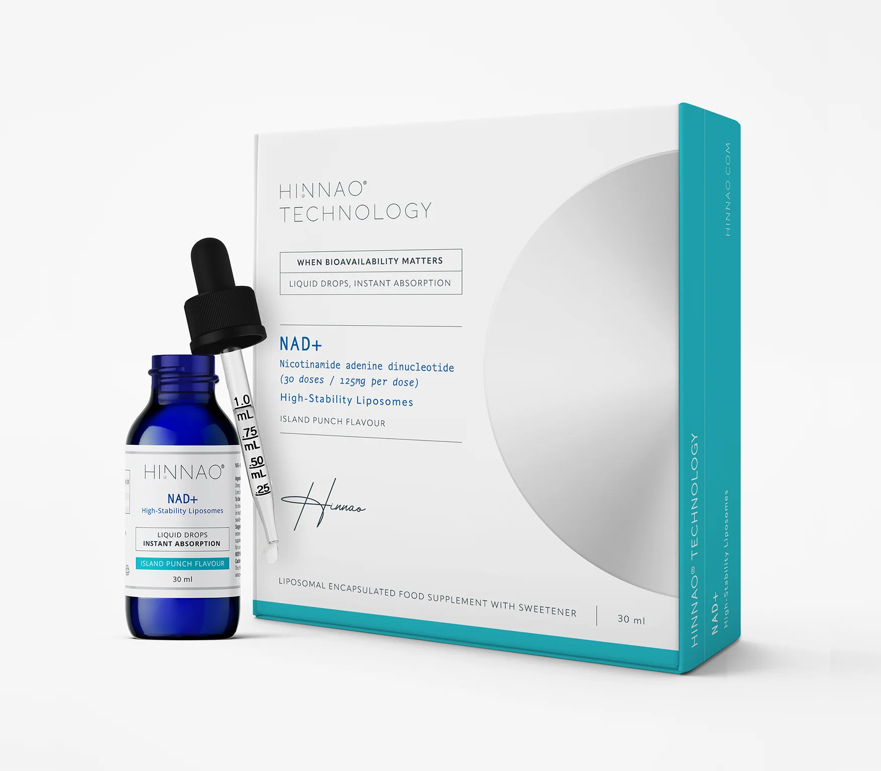 HINNAO NAD+ box and 30ml bottle, 30 doses